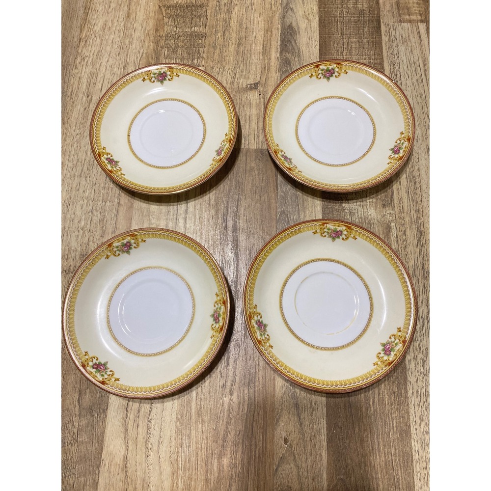 Vintage Meito China Floral Scroll Saucers Set of 4 Rose Gold Trim Japan 5.5 in